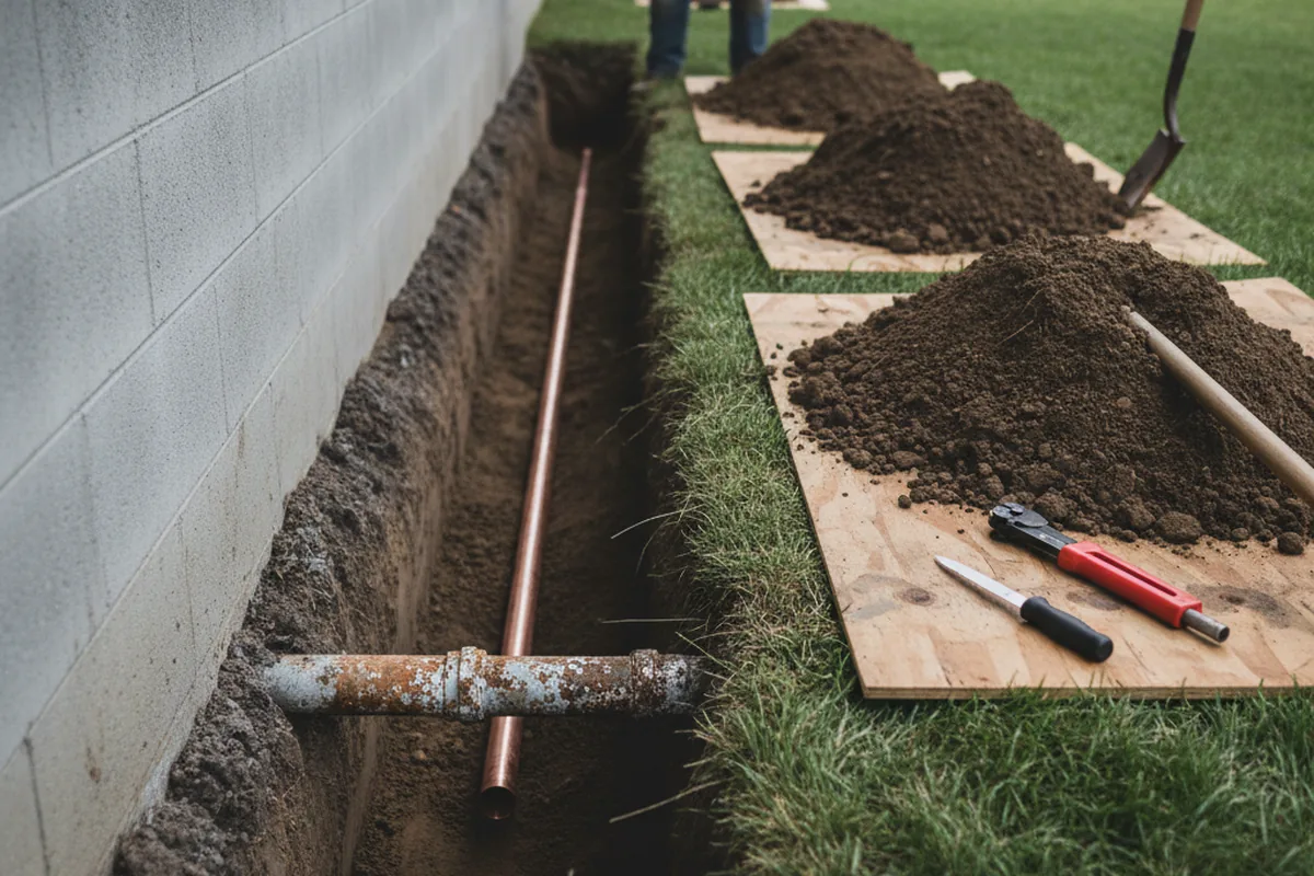 Excavated water line trench during Water Heater Repair in Capac